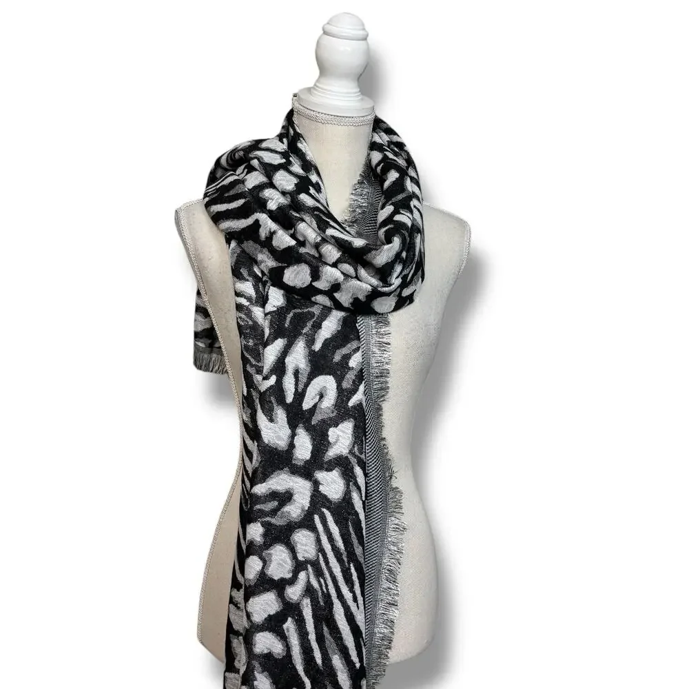 INC Black & White Animal Print Rectangle Scarf with Metallic Silver Thread NWT